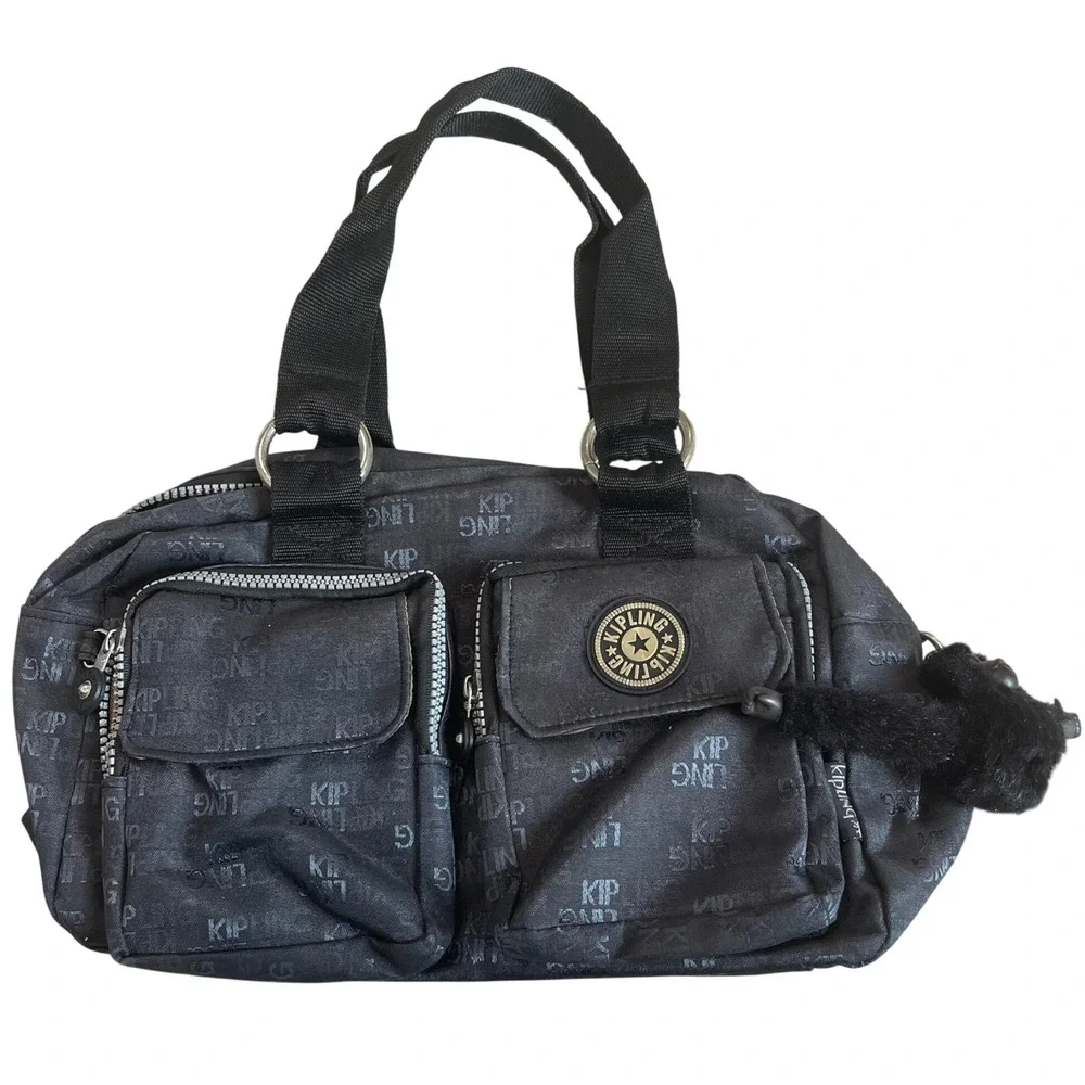 Vintage Kipling Black Logo Print Satchel Duffel Bag Monkey Keychain Y2K Canvas